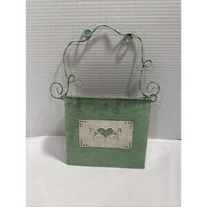 Green Vintage Metal Dry FLower Hanging Wall Vase, Valentines, Hearts, Love